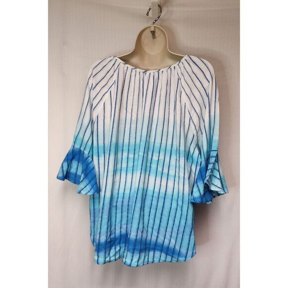 Allison Daley Petite Large Vertical Stripe Ombre Blue Print 3/4 Flutter Sleeve - Picture 5 of 5
